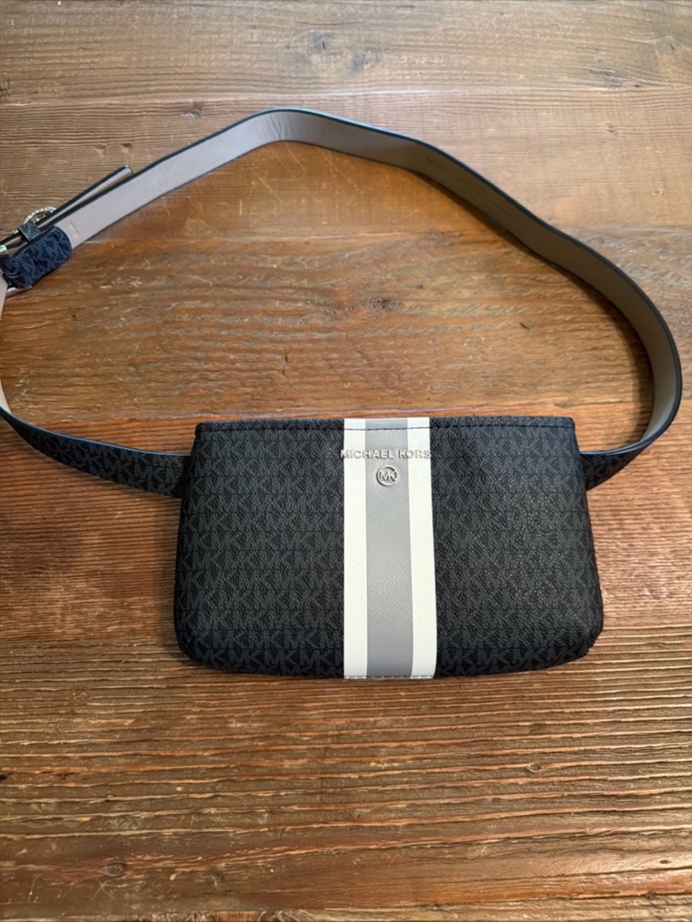 Michael Kors Belt Bag Womens MK Monogram Stripe Adjustable Waist Purse Size L/XL